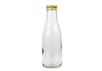 Empty glass bottle with yellow cap isolated on transparent background, reusable container for drinks and liquids