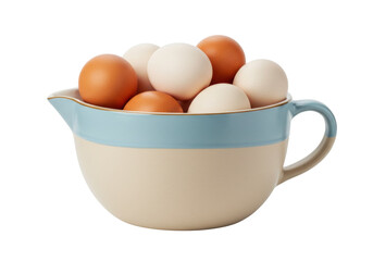 Brown and white eggs in a blue mixing bowl isolated, fresh ingredients for baking and cooking preparation