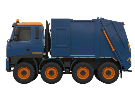 Blue garbage truck isolated on transparent background, refuse collection vehicle for waste management and recycling