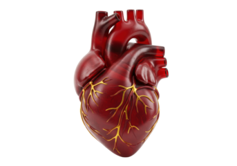 Anatomical human heart model isolated, red organ with golden veins on transparent background, medical study aid for education
