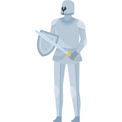 Pixel Art Medieval Knight In Full Silver Armor Holding Sword And Shield Ready For Battle Isolated On White Background