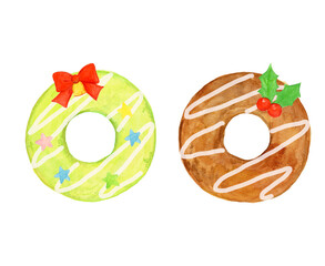 手描き水彩イラスト クリスマスリース風ドーナツ 抹茶 チョコ / Hand-drawn Watercolor Illustration Christmas Wreath Donut Matcha Chocolate