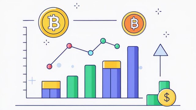 Bitcoin and Coin Bar Chart Analysis, Bitcoin and dollar analyst data trending, Simple and minimalist flat 2d Animation