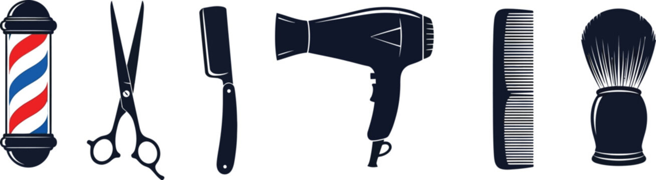 Barber pole scissors comb hair dryer brush barber tools professional hairdressing supplies collection flat design vector illustration isolated on transparent background