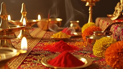 Elegant Hindu Ritual Setup Golden Lamps, Kumkum, Turmeric, and Marigolds Displayed for Auspicious Celebrations