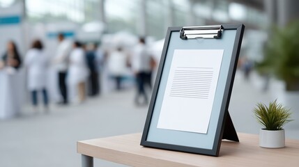 industry showcase medical A blank picture frame displayed on a table with blurred background of an event or exhibition.