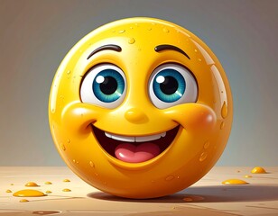 Smiling yellow emoji on a wooden surface