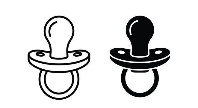 Simple black and white illustration of two baby pacifiers shown side by side