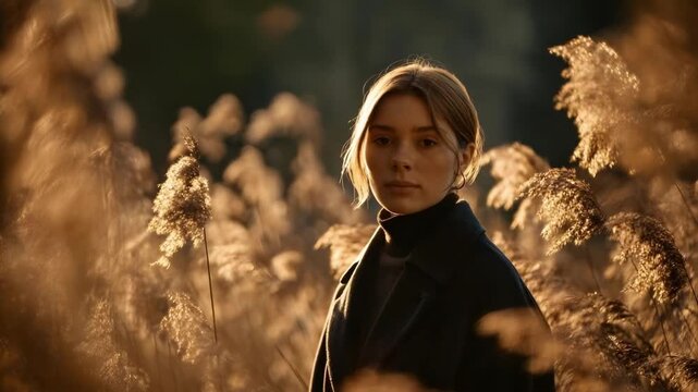 A woman in a dark coat stands among tall golden grasses in a sunlit field, gazing downward with a contemplative expression.