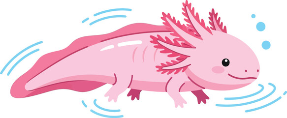 Cute pink axolotl swimming underwater with gentle ripples and bubbles flat design vector illustration isolated on transparent background