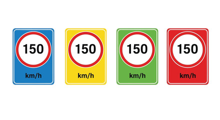 Four speed limit signs displaying 150 km h in different colors