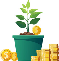 Long-Term Financial Growth and Savings Concept with Money Plant and Gold Coins - Generated by AI