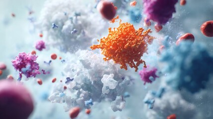 3d scene showing antibodies interacting with white blood cells, immune response visualization, vibrant biological colors, scientifically accurate