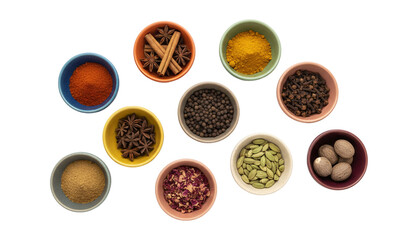 Various spices in multi-colored bowls arranged in a circle on a transparent background.