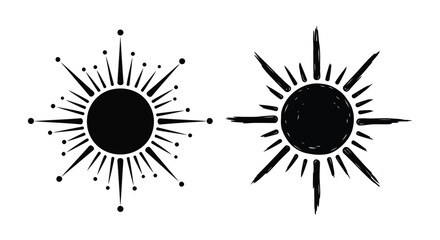 Two stylized sunbursts with black circles and radiating lines design elements