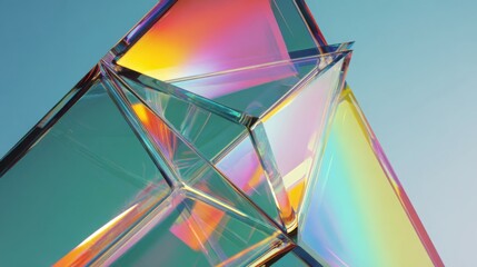 Abstract prism structure reflecting rainbow light, futuristic transparent composition, clean minimal background, 3d render