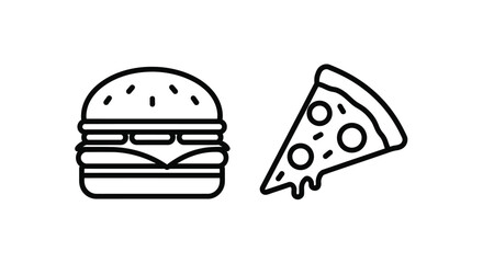 Simple black and white line drawing of a burger and pizza slice