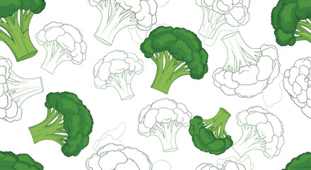 A seamless pattern of broccoli florets with some colored in and some outlined on a white background