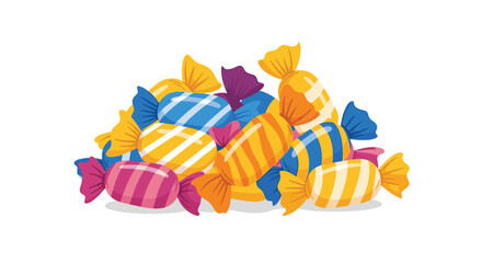 A colorful pile of wrapped candies with different stripes and wrapper colors on a white background