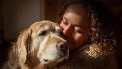 A woman lovingly hugs a golden retriever, sharing a warm, affectionate moment.