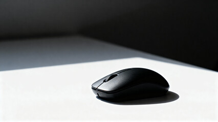 Black computer mouse on a white table illuminated by sunlight with copy space