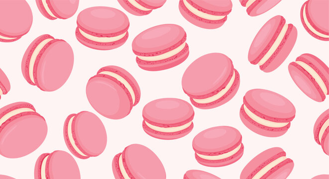 A seamless pattern of pink macarons with white filling on a light pink background illustration