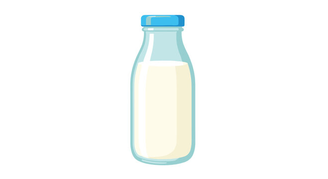 A cartoon illustration of a glass milk bottle with a blue cap against a white background image