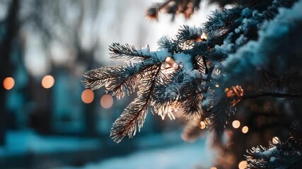 Close-up of frosted pine branches with warm bokeh lights in a blue winter scene. - Powered by Adobe