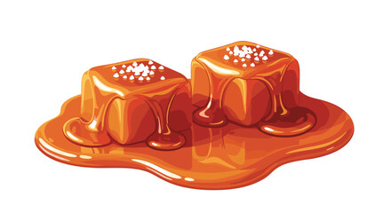 Two caramel candies with salt flakes and caramel sauce dripping on a white background art