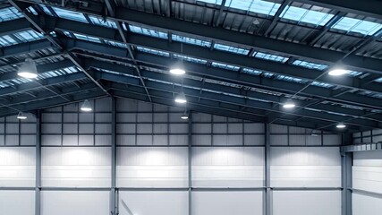 Interior view of industrial building with metal roof structure, rows of lights, & white walls - Powered by Adobe