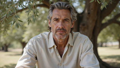 Mature man with grey hair sitting under olive tree in nature - Concept of Relieving anxiety  