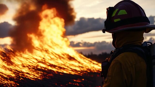 A firefighter stands at the edge of a massive fire, ready to take action