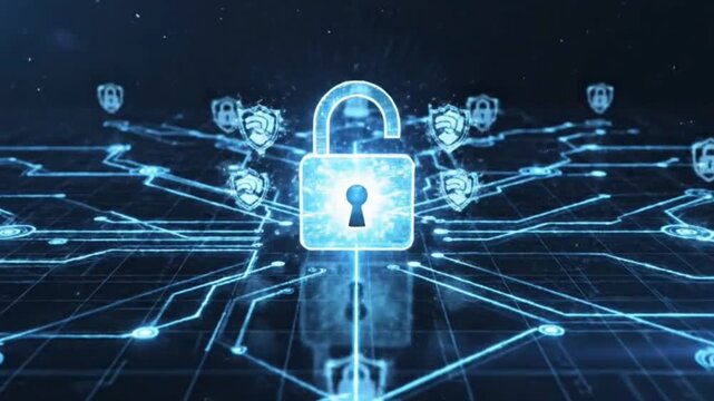 Futuristic Cybersecurity Animation with Glowing Digital Locks and Data Protection Visuals
