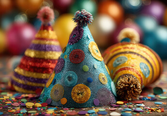 Festive celebration party hats colorful background photography joyful atmosphere close-up party concept