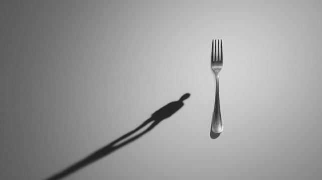 Conceptual minimalist photo of single fork casting a long shadow shaped like a person, symbolism of eating disorder and inner struggle, clean - Powered by Adobe