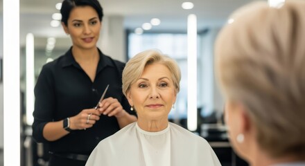 Obraz premium Elderly caucasian woman receives haircut from female hairstylist in salon