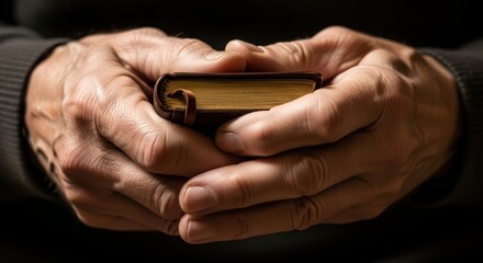 Fototapeta premium Elderly caucasian man holding small book with hands clasped gently