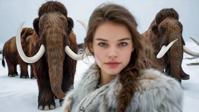 Echoes of the Ice Age: A captivating young woman, bundled in fur, stands amidst majestic woolly mammoths, a stunning juxtaposition of human presence and prehistoric grandeur.