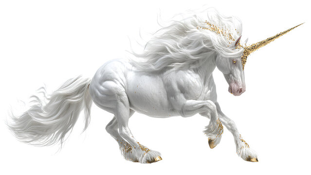 Majestic White Unicorn with Golden Horn &mdash; Fantasy Mythical Horse Isolated on Transparent Background