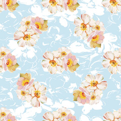 Seamless pattern with white flowers Shows a floral pattern with small white flowers on pink. Full-frame composition, pink-white tone. Delicate style, design background