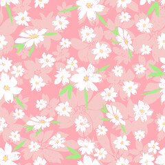 Vector seamless pattern with hand-drawn flowers, small white flowers on a background of large pink flowers.eps