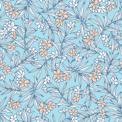 seamless pattern with flowers Displays a floral pattern with small light blue flowers. Full-frame composition, light blue-white tone. Delicate style