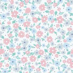 seamless pattern with flowers Displays a floral pattern with small pink flowers. Full-frame composition, pink-white tone. Delicate style, design background