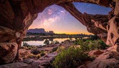 Cave view of lake, sky, and landscape