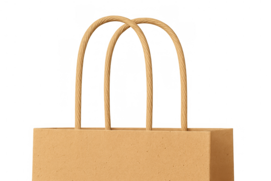 Kraft paper shopping bag with rope handles, brown retail packaging for eco friendly marketing on transparent background