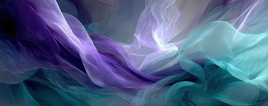 Flowing, vibrant fabric drapes in a gradient of purples, blues, and greens - Powered by Adobe
