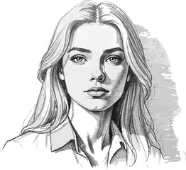 A beautiful woman with long hair, captured in a detailed pencil sketch, showcasing her elegant features and serene expression