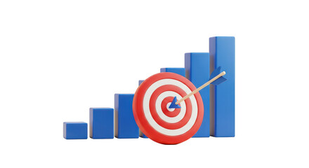 3d business growth chart with bullseye target and arrow isolated on transparent background