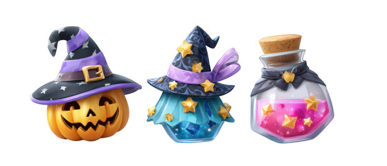 Naklejka premium Colorful Halloween-themed items featuring a pumpkin, a magical potion, and a crystal jar