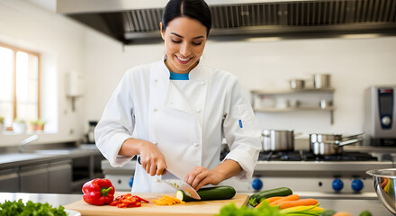 A young woman as a chef chopping vegetables